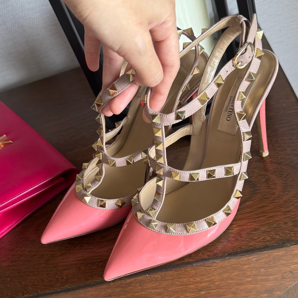 Valentino Salmon Pink and Beige Studded Caged Pumps